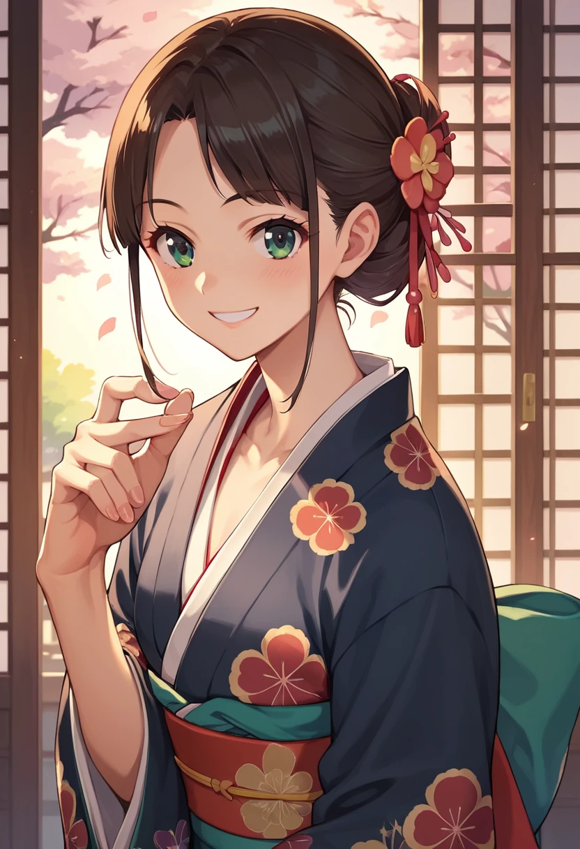 ((masterpiece)),((Ayako Katagiri)),((Katagiri Ayako)),((Full smile)),((Smile)),((happiness)),Healthy Beauty,(((kimono))),sexy,Anatomically perfect hands