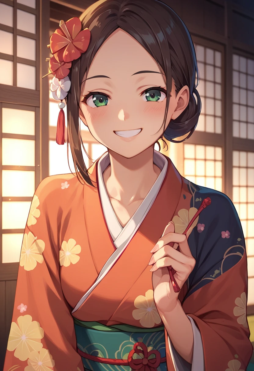 ((masterpiece)),((Ayako Katagiri)),((Katagiri Ayako)),((Full smile)),((Smile)),((happiness)),Healthy Beauty,(((kimono))),sexy,Anatomically perfect hands