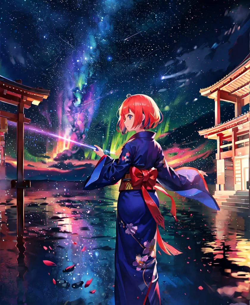 1girl, a distant girl in a kimono staring at the stars, (zoomed out: 1.1), (meteor shower: 1.2), (comet: 1.1), your name, low angle, from behind, northern lights, shooting stars, yukata, red kimono, cherry blossoms, Standing in the field, best quality, masterpiece, cloud, colorful, starry, stars,