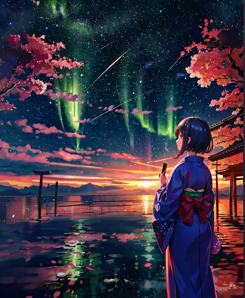 1girl, a distant girl in a kimono staring at the stars, (zoomed out: 1.1), (meteor shower: 1.2), (comet: 1.1), your name, low angle, from behind, northern lights, shooting stars, yukata, red kimono, cherry blossoms, Standing in the field, best quality, masterpiece, cloud, colorful, starry, stars,