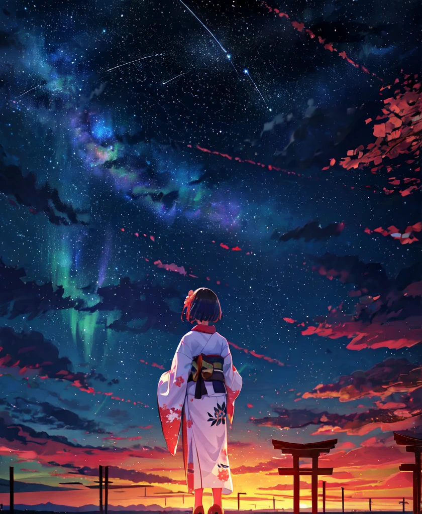 1girl, a distant girl in a kimono staring at the stars, (zoomed out: 1.1), (meteor shower: 1.2), (comet: 1.1), your name, low angle, from behind, northern lights, shooting stars, yukata, red kimono, cherry blossoms, Standing in the field, best quality, masterpiece, cloud, colorful, starry, stars,