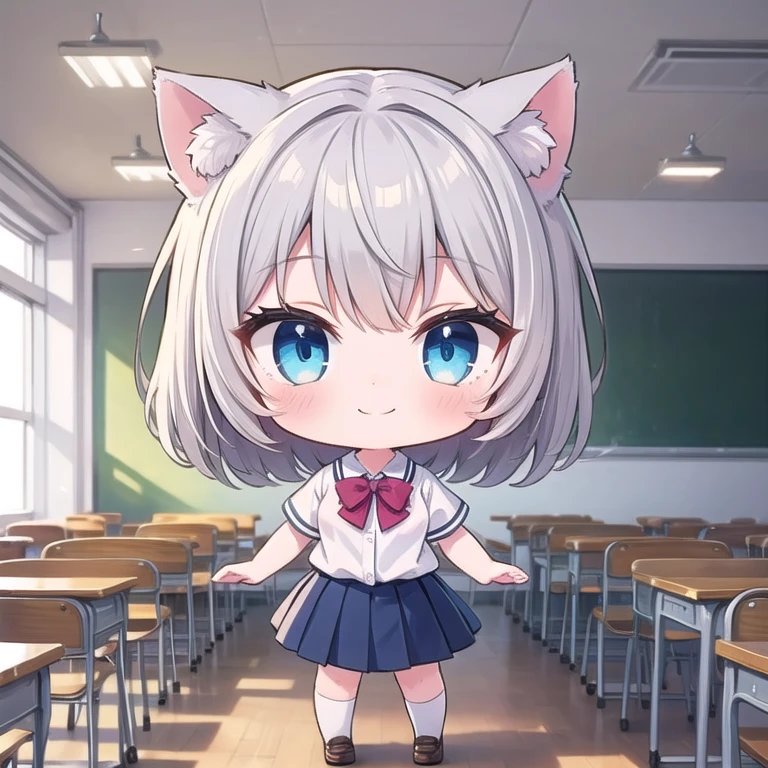 (One girl), cute, ((Chibi Character)), high school girl, School uniforms, White shirt, Black pleated skirt, A bow tie, (smile:1.3), (Cat ear), ((Gray Hair)), Medium Hair, (salute), Blue Eyes, classroom, indoor, Full Body Shot, ((Highest quality)), ((masterpiece)), (detailed), Perfect Face, Perfect Arms, Perfect hands, Perfect Fingers, anime, Ultra-fine illustration,