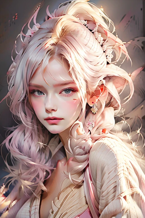 Pink skin woman with long white hair wearing a soft white dress[, oil painting, artdecoai 