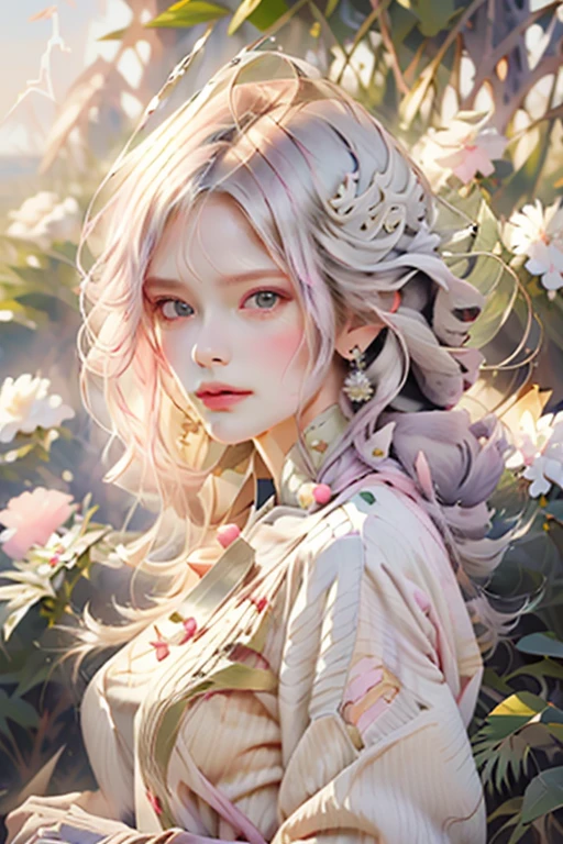 Pink skin woman with long white hair wearing a soft white dress[, oil painting, artdecoai 