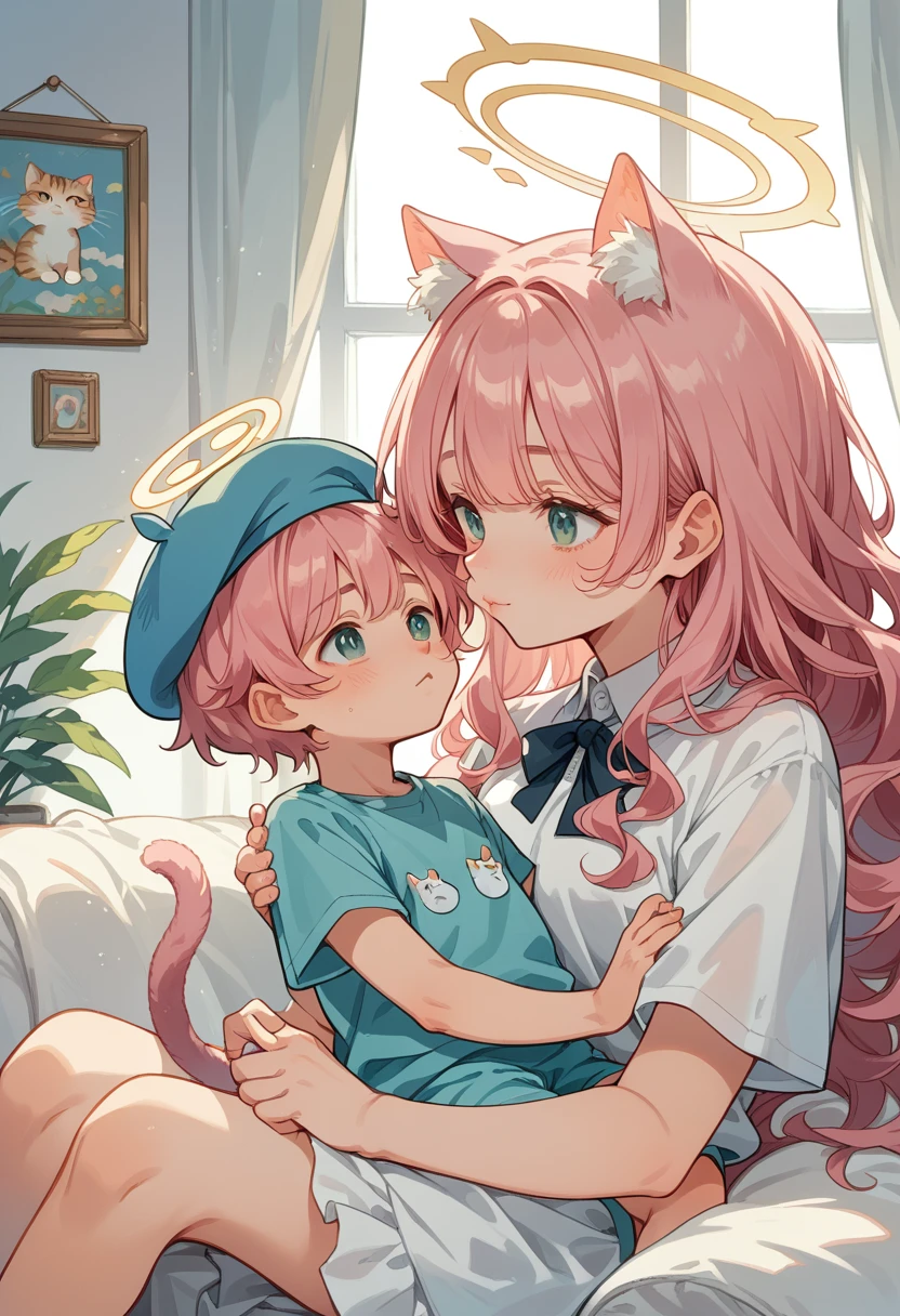 Recent Anime art style,hyperfine illumination,(cat-ears-like beret),cat taIl,kawaii shota,short small child,angel halo and wing,pink hair,long hair,wavy hair,
The Shota,