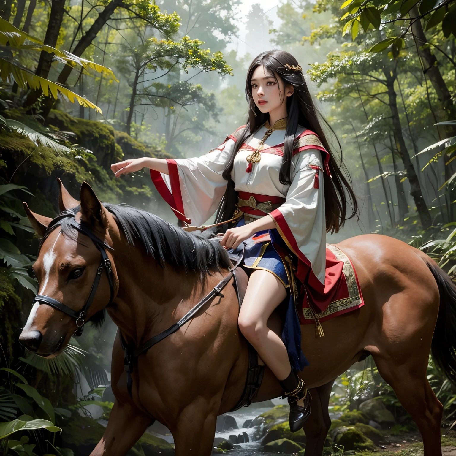 masterpiece，HD，Photography-Portrait-Realistic Style，girl in flowing ancient costume，Take the reins，Ride on the back of a strong Alaskan dog，Running in the green forest。girl&#39;Long hair fluttering in the wind，Determined gaze，Pretty Face。The desert wind blows her skirt，The sun was shining on her，Creates a warm and bright silhouette。The background is an endless desert，Sunset，The skyline is red。Use a realistic style，Emphasize light and texture，HD细节捕捉，展现girl的勇敢和美丽。