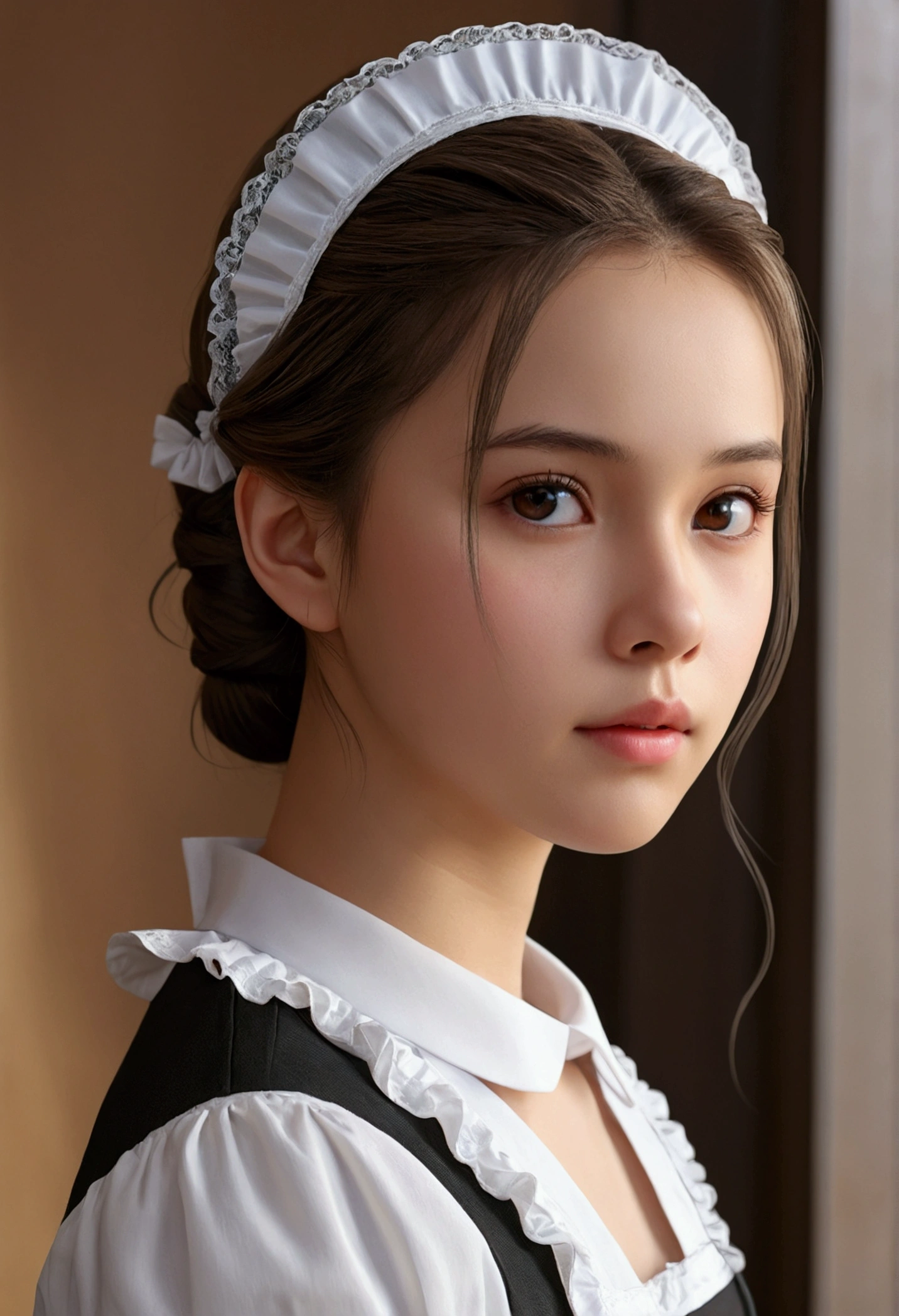 8K, of the highest quality, masutepiece:1.2), (Realistic, Photorealsitic:1.37), of the highest quality, masutepiece, Beautiful young woman, Pensive expression,、A charming、and an inviting look, Cute Maid Clothes, Hair tied back, Cinematic background, Light skin tone