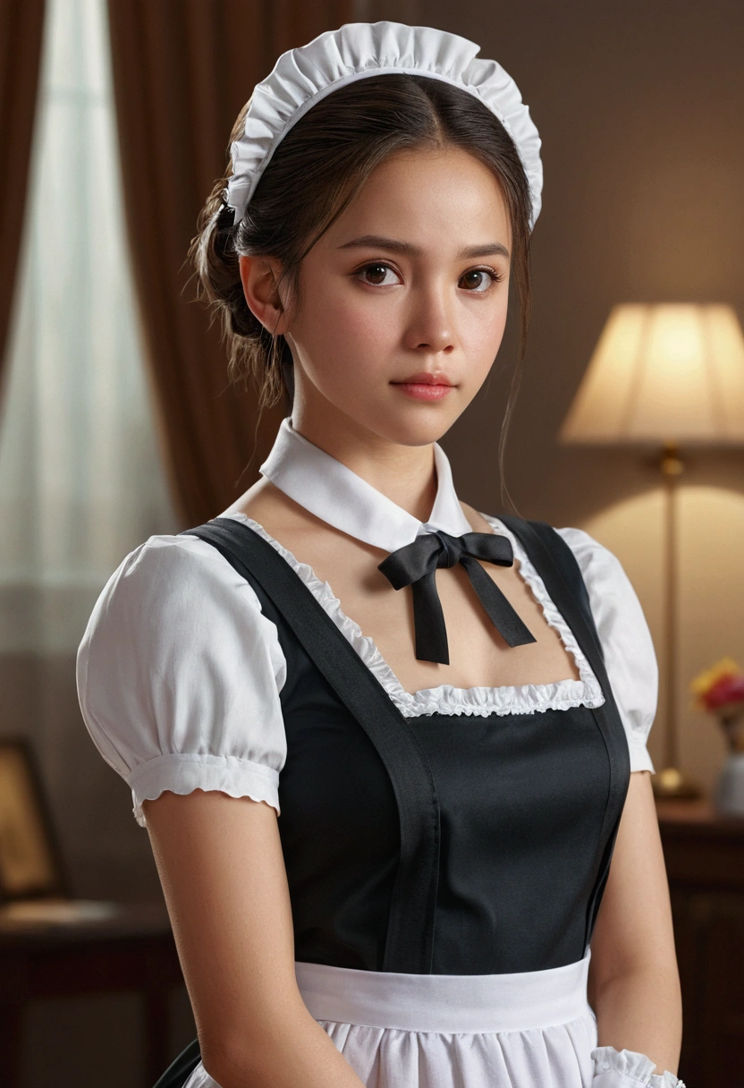 8K, of the highest quality, masutepiece:1.2), (Realistic, Photorealsitic:1.37), of the highest quality, masutepiece, Beautiful young woman, Pensive expression,、A charming、and an inviting look, Cute Maid Clothes, Hair tied back, Cinematic background, Light skin tone