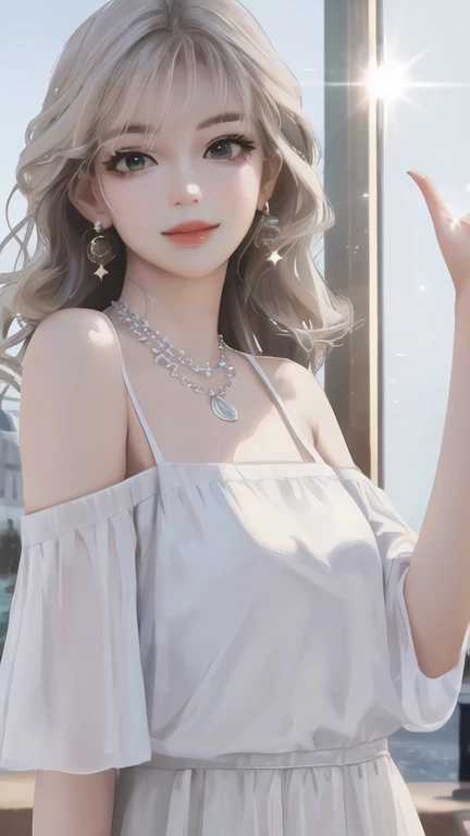 (Highest quality、 8k 、masterpiece、High resolution)、Full Body Shot、Realistic、Super adopted、ung idol girl、Gazing into the distance、date、off shoulder white tops、Round and young々Funny face、Accessories Full、necklace、Clear Eyes、Long eyelashes、Small breasts、Narrow waist、light makeup、smile。Light-colored hair、Official Art、