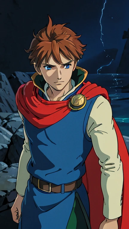 (1man, bartz klauser), (extremely detailed CG unit 8k wallpaper),(master part), (best quality), (ultra detail), (best illustration),(ghibli style), cowboy shot, (Sharp eyeliner, ombre, detailed eyes:1), dark dungeon background, ,break , (GHIBLI_Background), upper body, brown hair, short hair, blue eyes, blue shirt, red cape, green belt