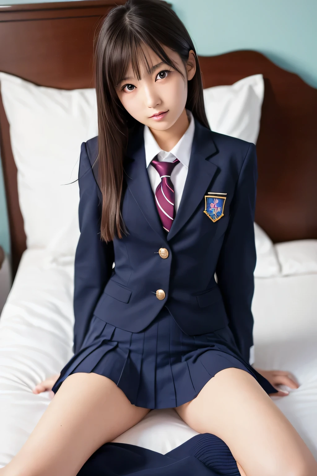 (masterpiece:1.2), super high quality, a japanese girl like a sexy model, (super realistic), (super photographic style), 1girl, (18 years old), (((school uniform))), on a bed, ((legs spread)), 