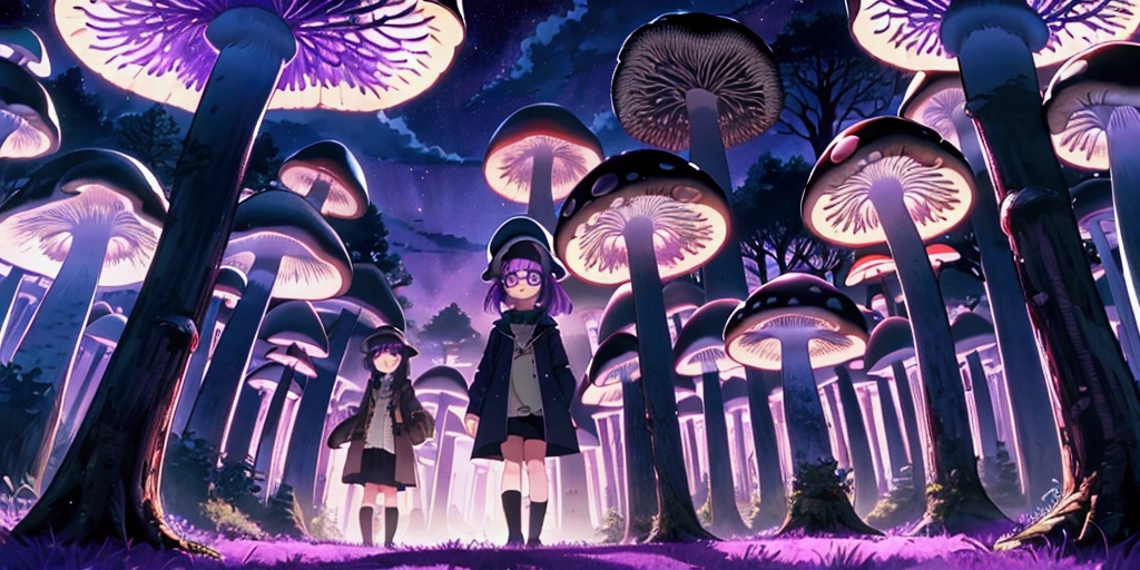 girl in the center, girl with glasses, mushroom forest, forest made out of mushroom, thick mushrooms, there are mushrooms around, tall mushrooms, Purple sky, night, purple and blue gradient, anime, 8k 