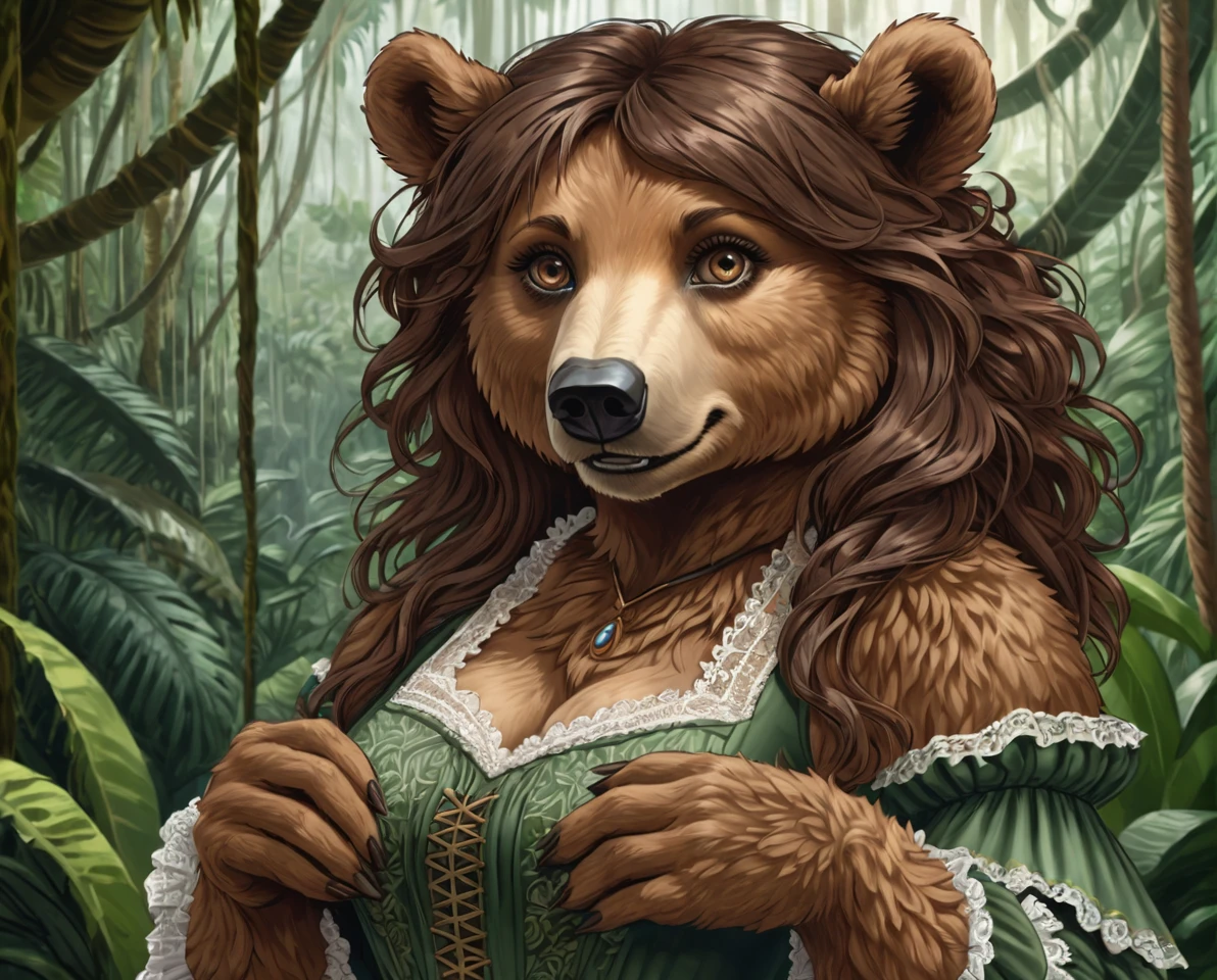 female bear mid transformation, solo, masterpiece, best art, victorian dress. detailed hands, detailed eyes, detailed torso, jungle,  expression, transformation, human face, brown shaggy hair.