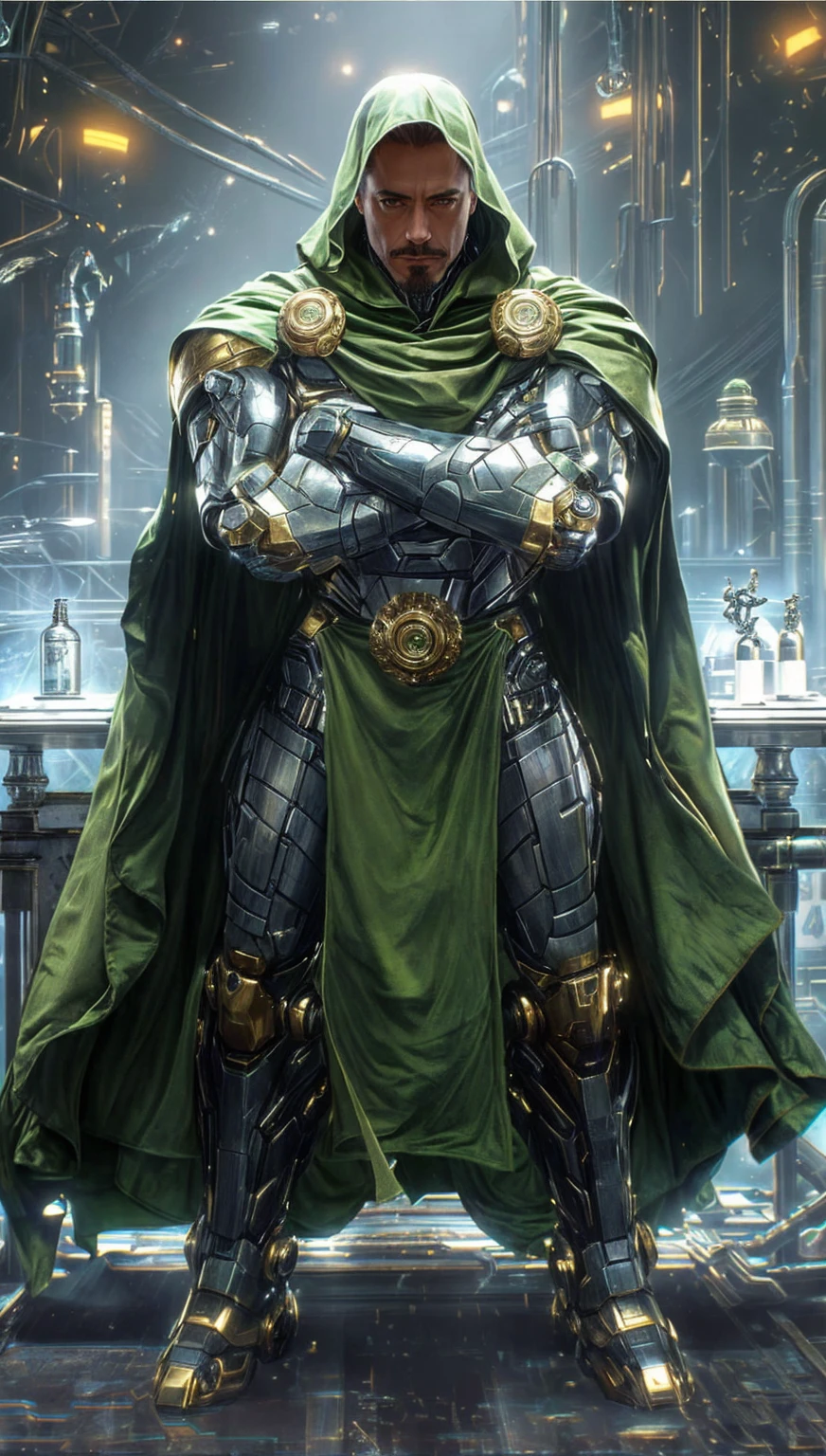 arafed image of a man in a green cloak and armor, cyborg dr doom in ornate armour, robert downey jr as doctor doom, mysterio, metallic green armor, with a green cloak, by Donato Giancola, green armor, by Arthur Pan, green cloak, by Pablo Munoz Gomez, steampunk superhero, hyperdetailed | donato giancola, wearing green cloak