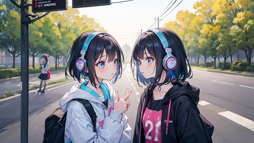 A girl wearing over-ear headphones and 2 girls looking at each other，Traveling on country roads，Playing after school in the background，