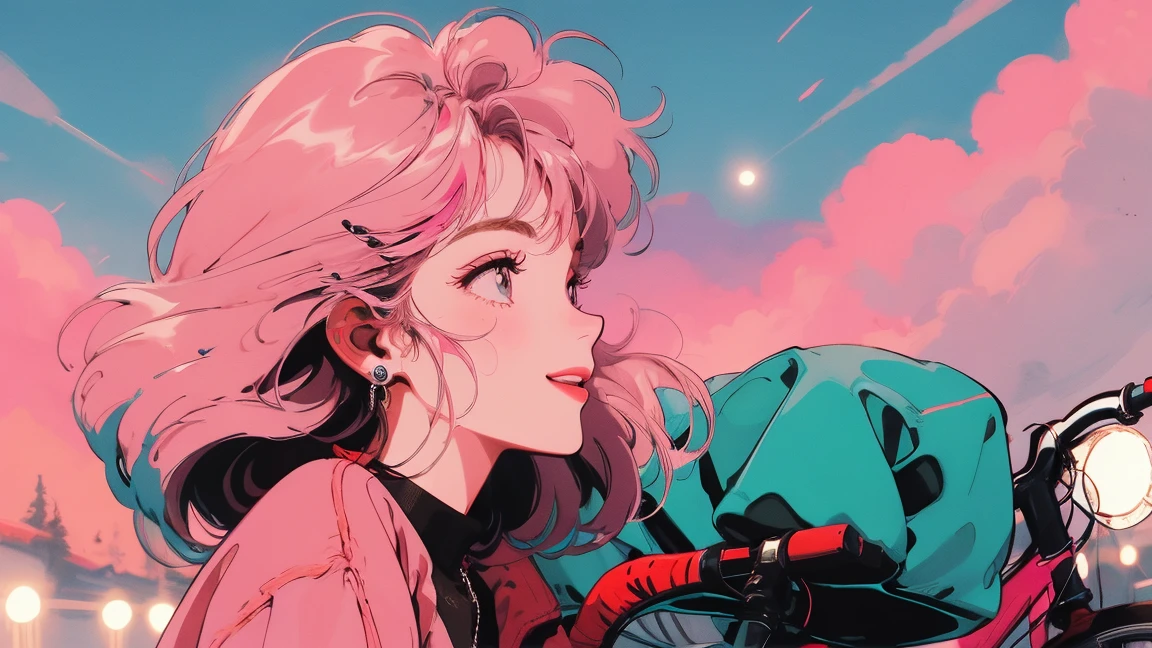 High Fashion Girl,profile , ride a bicycle、Happy Face、smile、Night view、Pink Hair、Looking up at the sky、Detailed facial details、