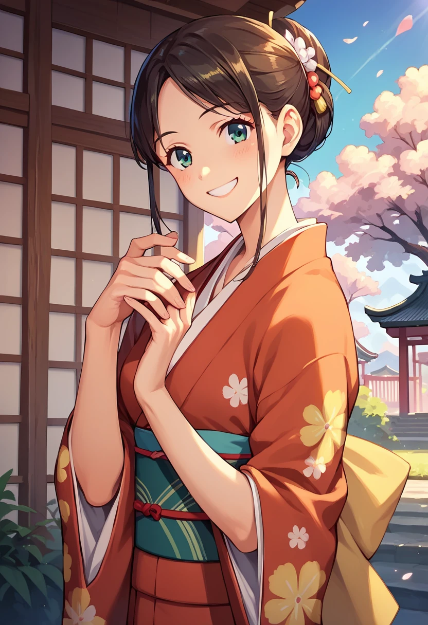 ((masterpiece)),((Ayako Katagiri)),((Katagiri Ayako)),((Full smile)),((Smile)),((happiness)),Healthy Beauty,(((kimono))),sexy,Anatomically perfect hands