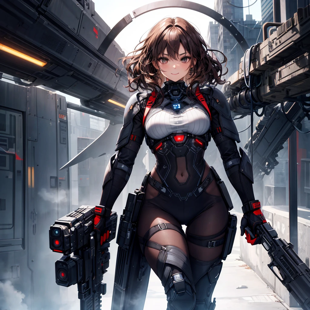 High quality, ultra-realistic images of women.  The woman is of mixed Native American and Jewish descent..  Powerful Features, Fair skin.  Dark brown curly hair, Dark Eyes.  The woman is wearing a semi-futuristic combat suit..  She has a gun and a knife strapped to her body..  Beautiful woman smiling.  Her eyes shine with hatred.