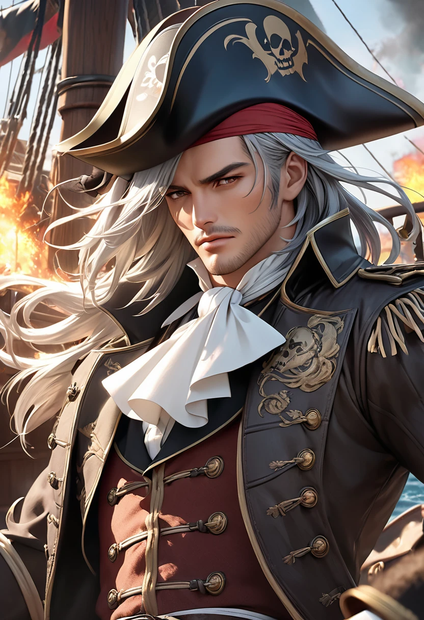        
                    A handsome boy with long silver hair wearing a pirate hat on a pirate ship., Cool handsome、Close-up of handsome man in exquisite and intricate pirate costume. Delicate and dynamic depiction. Realistic high detail., Best quality background pirate ship smoke fire intense conflict war movie special effects   ( Correct and perfect anatomy ) Ultra-detailed animation art and visual effects masters perfectly compose intricately detailed digital art   