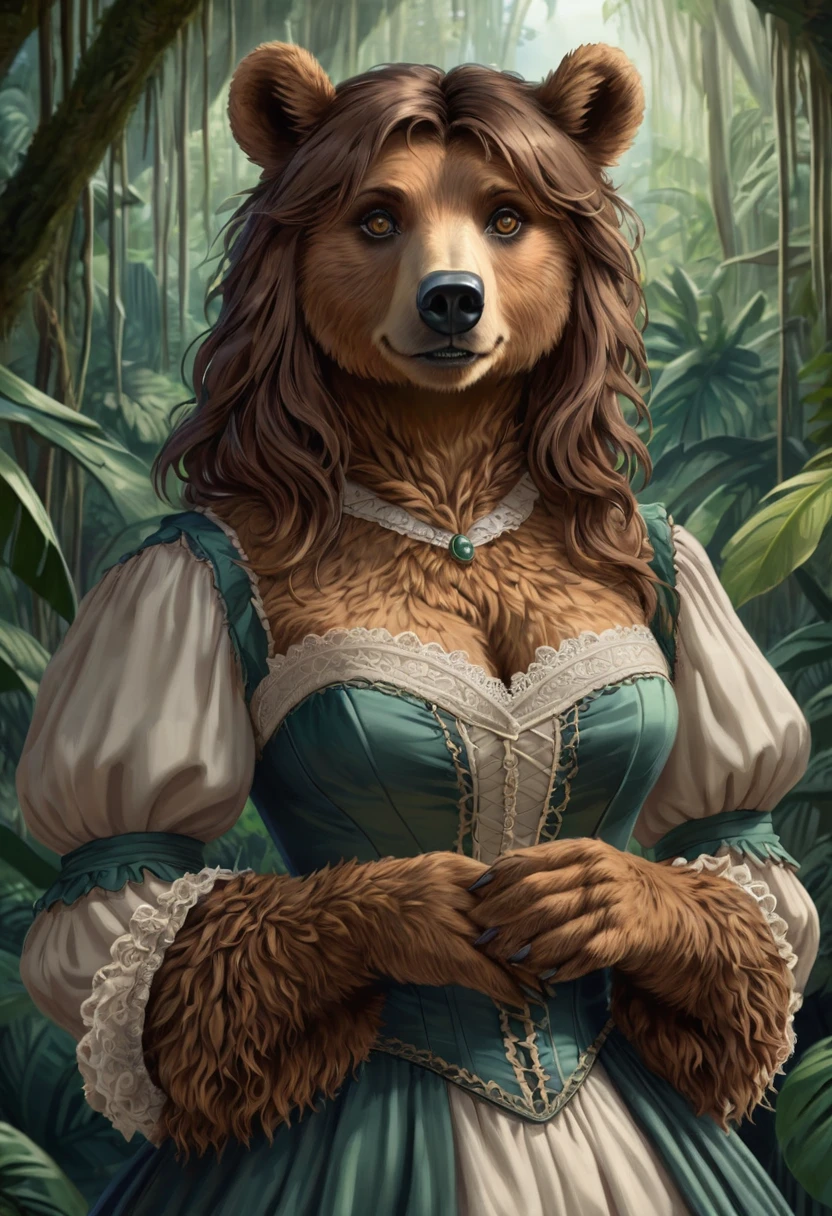 female bear mid transformation, solo, masterpiece, best art, victorian dress. detailed hands, detailed eyes, detailed torso, jungle, expression, transformation, human face, brown shaggy hair.
