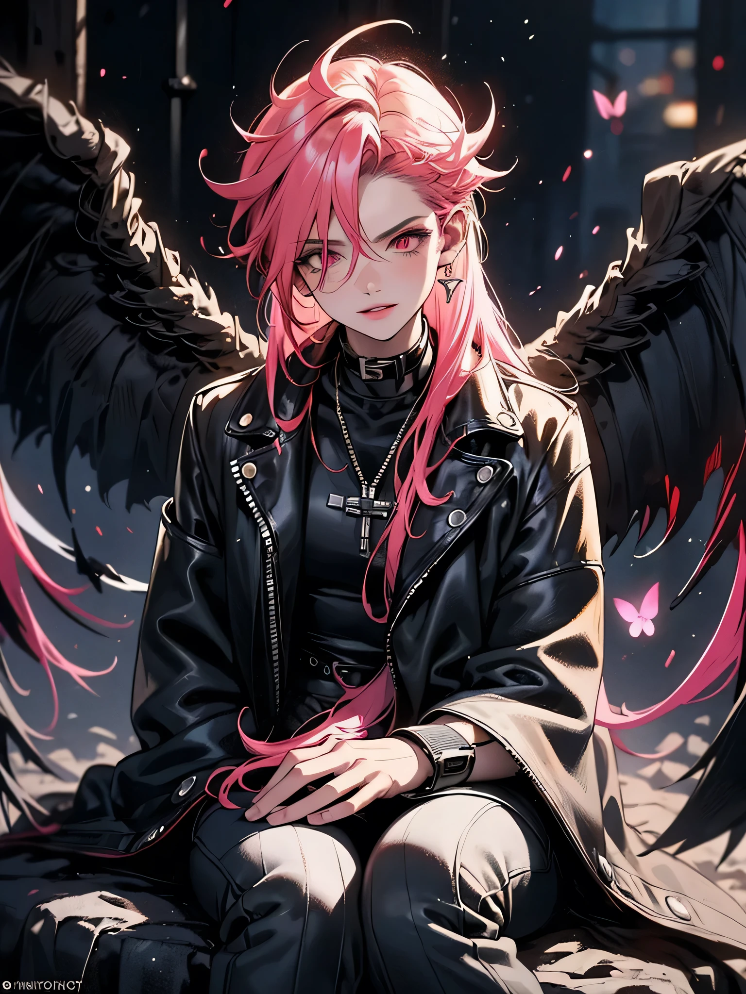 In a dystopian cyberpunk cityscape, a character sits amidst ruins, exuding an aura of confidence and menace. His spiky pink hair and glowing red eyes hint at supernatural powers. The intricate tattoos on his face and body add to his intimidating presence. He wears a white robe with black accents, the fabric flowing and catching the light in the rainy, neon-lit environment. Black butterflies with iridescent wings flit around him, contrasting the dark, brooding atmosphere.
His relaxed posture, with one hand resting on his knee and the other supporting his chin, suggests he is in control and unfazed by the chaos around him. The background is filled with dilapidated buildings, glowing screens, and twisted metal, enhancing the sense of a world that has seen better days. The full moon shines through the clouds, casting an eerie glow over the scene.
This character embodies a mix of calm and danger, someone who has risen above the turmoil and now rules over the remnants of a once-thriving city. The prompt could explore themes of power, resilience, and the intersection of technology and magic in a post-apocalyptic setting. 8k image