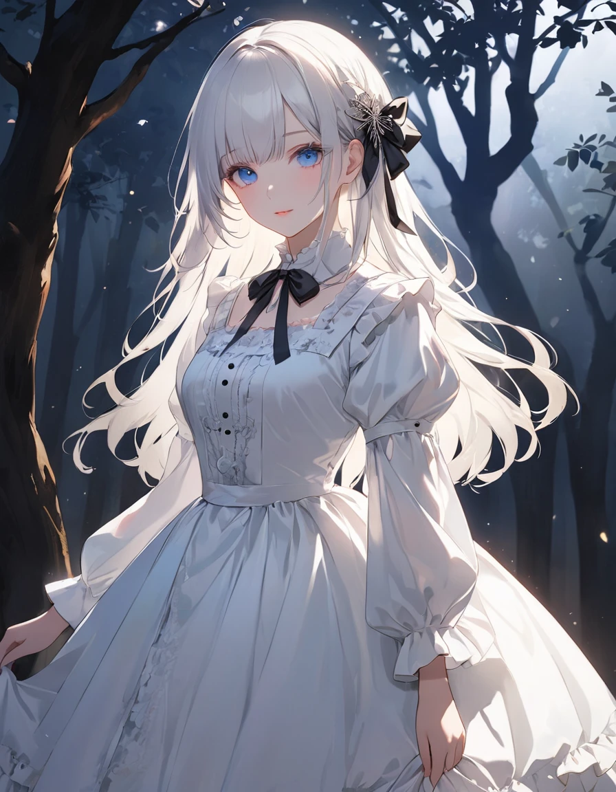 (silhouette art)),(top-quality),(masuter piece),Delicately drawn face,girl with a pretty face,beautiful detailed blue eyes,white ****ta fashion,((beautiful detailed white costume)),(Beautiful silky white hair:1.2),black ribbon hair ornament,pale skin,film lighting,(background is silhouette of tree),cowboy shot