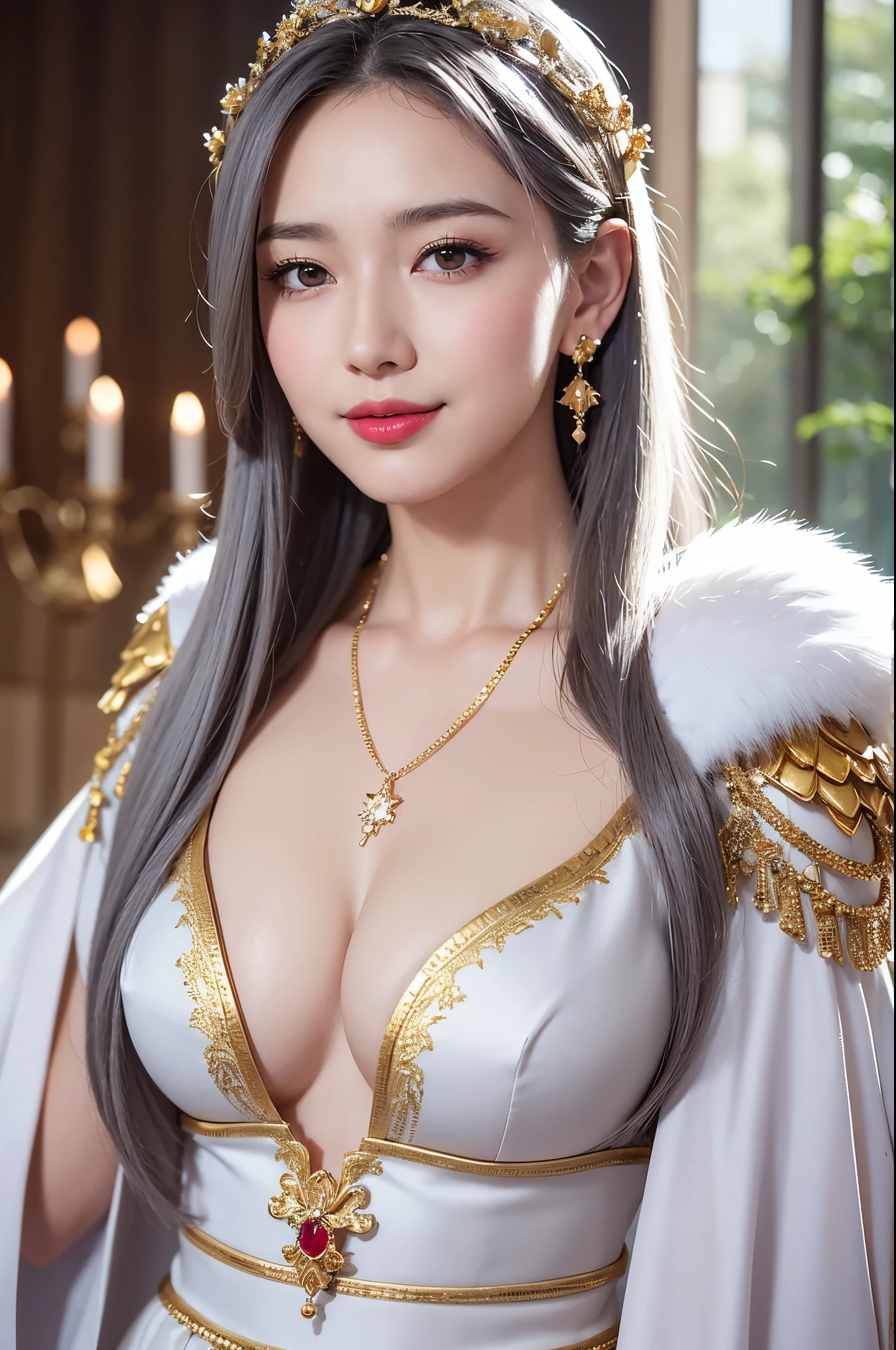 8k,Cute chubby body,very, very big breasts,Grey medium bob hair,Baby Face,Close-up of a pretty person in a white goddess costume holding a sacred staff, Cute Fantasy Empress, ((Cute Fantasy Empress)), glamorous.Very detailed, Very detailed , Up to the model | Types of bacteria, Trending on cgstation, Art Station, Gorgeous white cloak,Ultra-high resolution,Ultra-Realistic Skin,Cute expression,Fantasy art,Laughter(Like the real thing),Straight hair,Golden Eyes,Red Gem Earrings,Blue gemstone necklace,Luxury White Gauntlets,Red lipstick,Red eyeshadow,Goddess Makeup,Fighting Pose,masterpiece,Photorealistic RAW photos of the highest quality。Bright colors,Rich colors, Backlight, Cinema Lighting, Film Grain, 50mm lens, Nikon D850,Beautiful expression,Fantasy art,Character Art,View your viewers,Top view,smile,thin body type,Gray hair Medium bob hair,White and gold robe,Young girl,Pure white medium bob hair,Accentuate your cleavage,White hair medium bob,Swedish goddess with huge ,Circlet on forehead,
