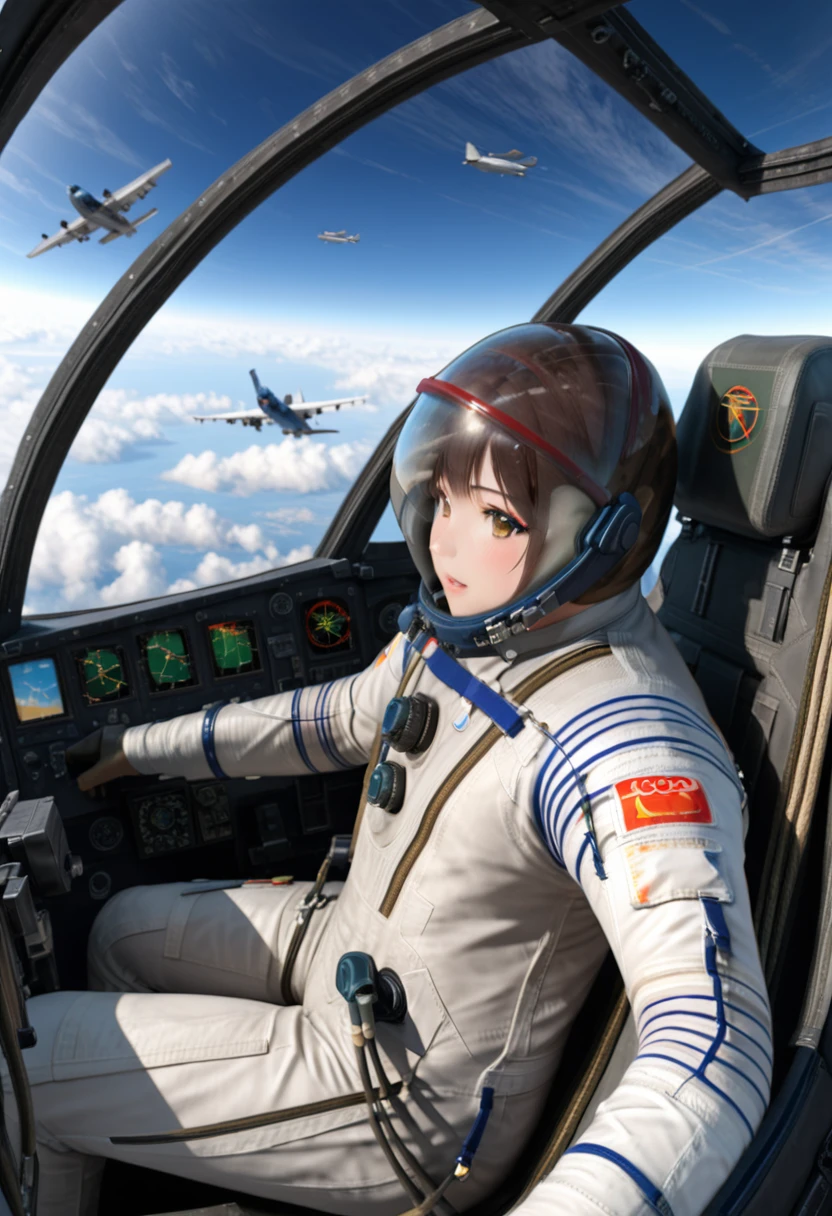 ((Female pilot in the cockpit of a reconnaissance plane), (airplane cockpit), (in flight), (10000 feet altitude)、(sky view):1.7),, short hair, street, emo, BLACK hair, white eyes, eyeliner, apocalypse, girl, nside the (cockpit:1.9) of a (futuristic spaceship:1.6), , blush,sitting on a chair, covered navel, space helmet, space helm, plug suit , space helmet, eva helm, space suit, short hair, spacesuit, astronaut
from side, bodysuit, latex