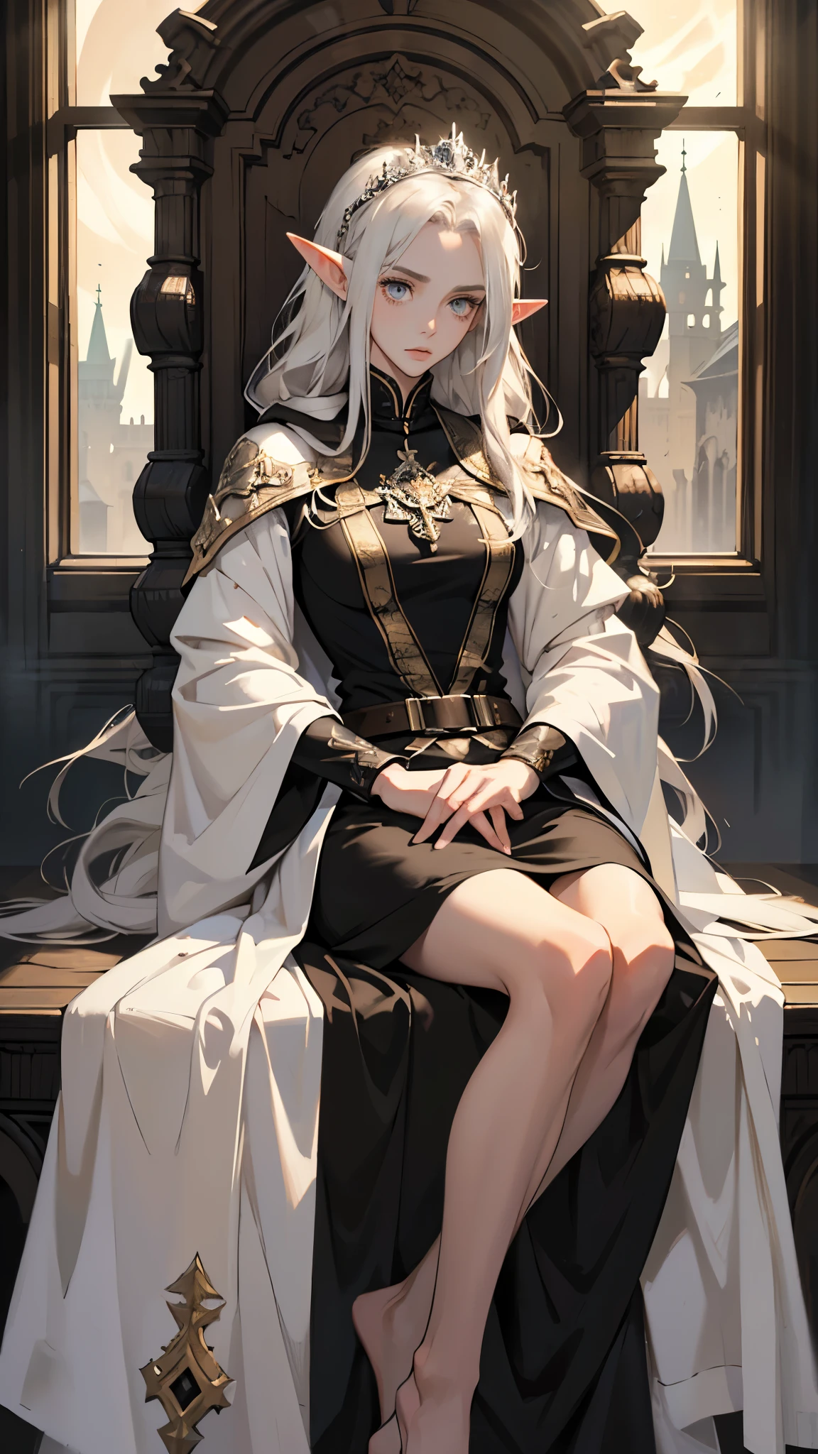 masterpiece, ultra detailed, 8K Portrait, Raw photo, a portrait photo of girl, Highly detailed face, beautiful and meticulous eyes, ((Fantasy)), (elf:1.0), 1woman, 30 year old, gray long hair, brown eyes, melancholy expression, tiara, skinny, (ultra thin black one-piece dress), hooded long white coat Fluttering in the wind, ((bare foots)), Midday Sun, Hyper realistic, out of medieval castle in the sky, sitting on the throne, Ambient lighting, Shadow details , strong breeze, Light fog