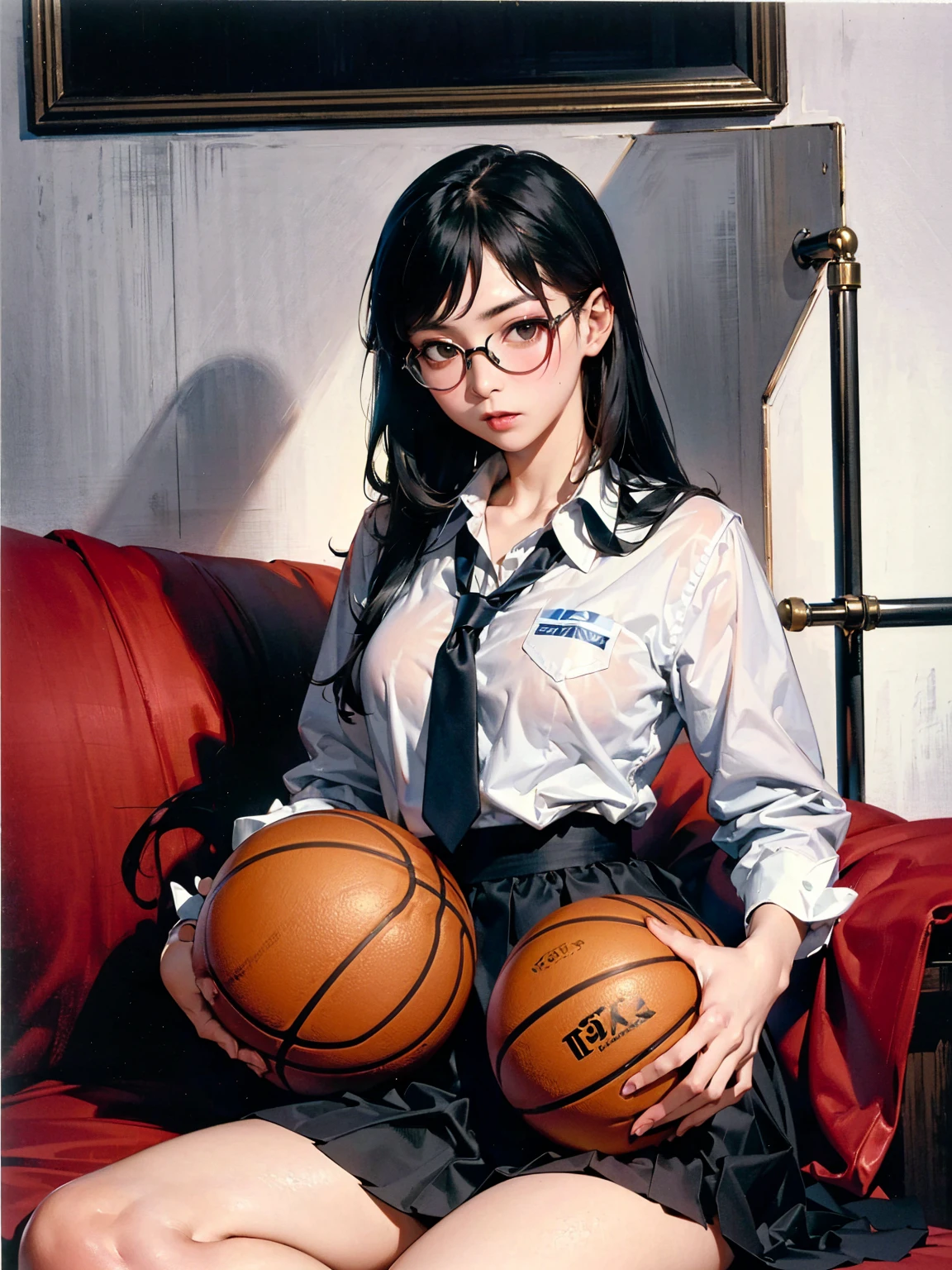 (Highest quality,4K,8k,High resolution,masterpiece:1.2),ultra-detailed, student, sks women, girl, Basketball uniform, High resolution, 8k, Absurd, Cinestill 800, Sharp focus ((masterpiece, Highest quality、シースルーのLewdな下着) detailed, sexy、(Lewd、Black-rimmed glasses、Long black hair、Sturdy body:1.2、Honors Type) ,
