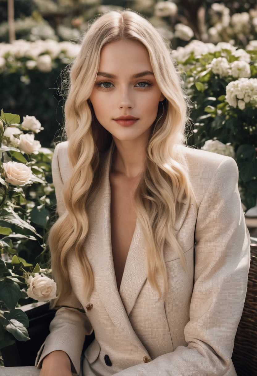 a beautiful blonde model with a lush long hair, wears a Dior suit, take a selfie, short sleeves, sitting in a coffee garden
