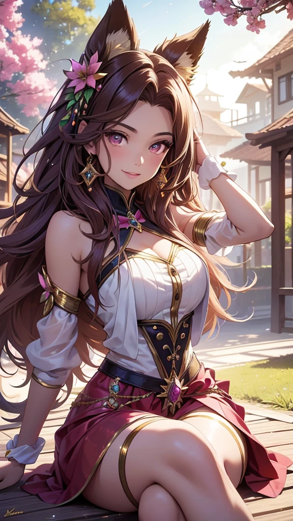 (best quality,4k,8k,highres,masterpiece:1.2),ultra-detailed,(realistic,photorealistic,photo-realistic:1.37),acrylic painting,beautiful Brazilian model in a uniform outfit red and gold with downy hair,beautiful Brazilian model with extremely colorful brown hair and detailed facial features,beautiful Brazilian model standing in a beautiful garden surrounded by a starry sky,brown hair,beautiful Brazilian model wearing a vibrant magenta uniform outfit,beautiful Brazilian model with intricate accessories,cat ears, ,beautiful Brazilian model with long flowing twintails,beautiful Brazilian model with bright brown eyes and rosy lips,beautiful Brazilian model with a joyful expression,beautiful Brazilian model in a dynamic pose with cherry blossoms falling around her,beautiful Brazilian model surrounded by colorful flowers and butterflies,beautiful Brazilian model's school uniform outfit,beautiful Brazilian model with an enchanting smile,beautiful Brazilian model with soft, pastel-colored shading,beautiful Brazilian model with a magical glow illuminating her,beautiful Brazilian model in a picturesque setting with a winding path leading to a magnificent castle,beautiful Brazilian model with a fairytale-like background,beautiful Brazilian model with a soft, dreamy atmosphere,beautiful Brazilian model with a subtle bokeh effect,beautiful Brazilian model standing under a sunny sky,beautiful Brazilian model with a warm, golden sunset in the background,beautiful Brazilian model surrounded by twinkling stars and colorful nebulae,creating an ethereal and captivating artistic masterpiece, sitting down, facing camera.