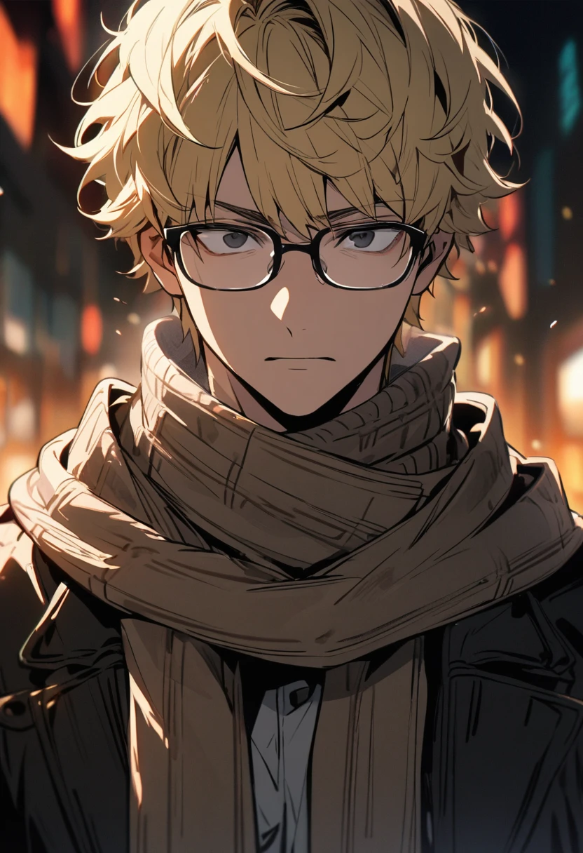male, handsome, innocent, blond hair, solo, black eyes, wearing scarf, short hair, adult, high detail, beautiful color, beautiful background, front face, glasses, shock