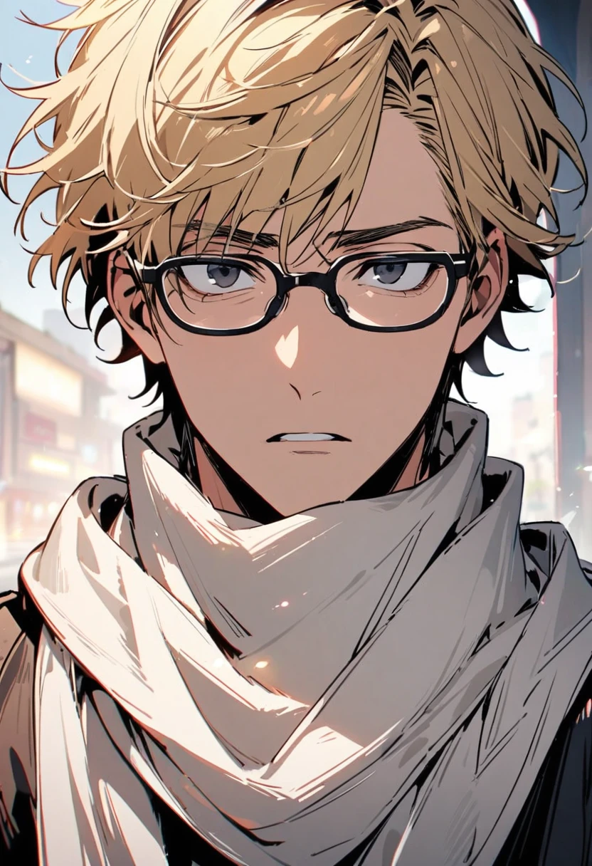 male, handsome, innocent, blond hair, solo,  black eyes, wearing scarf, short hair, adult, high detail, beautiful color, beautiful background, front face, glasses, shock
