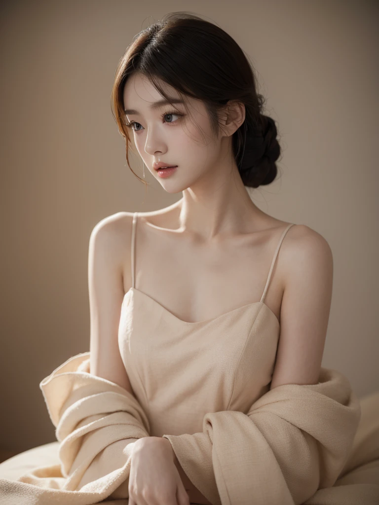 a stunning photo with beautiful saturation by Emily Soto, pretty japan idol woman wear (huangsezhanpaohd), collarbone, (mature:1.3), best quality, sultry, seductive,