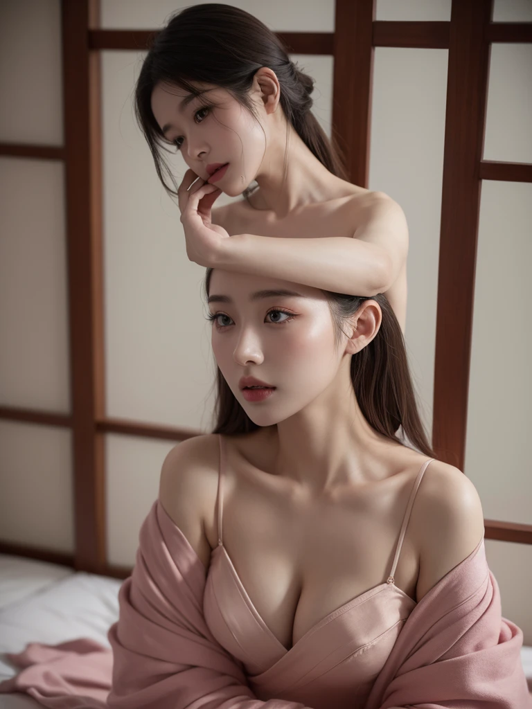 a stunning photo with beautiful saturation by Emily Soto, pretty japan idol woman wear (huangsezhanpaohd), collarbone, (mature:1.3), best quality, sultry, seductive,