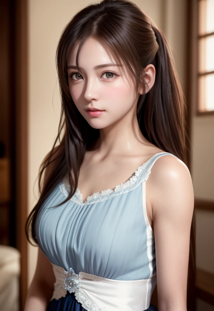 8K, of the highest quality, masutepiece:1.2), (Realistic, Photorealsitic:1.37), of the highest quality, masutepiece, Beautiful young woman, Pensive expression,、A charming、and an inviting look, Cute Maid Clothes, Hair tied back, Cinematic background, Light skin tone