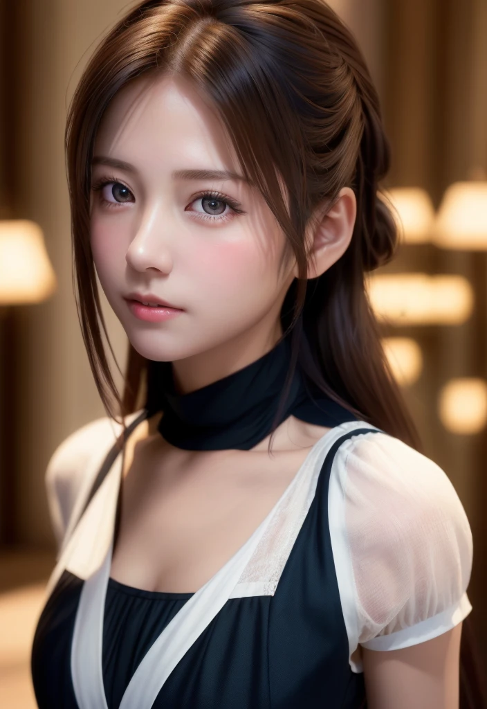 8K, of the highest quality, masutepiece:1.2), (Realistic, Photorealsitic:1.37), of the highest quality, masutepiece, Beautiful young woman, Pensive expression,、A charming、and an inviting look, Cute Maid Clothes, Hair tied back, Cinematic background, Light skin tone