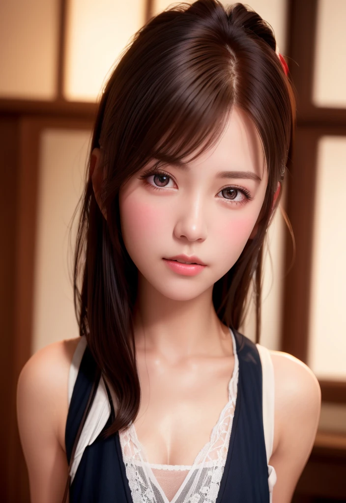 8K, of the highest quality, masutepiece:1.2), (Realistic, Photorealsitic:1.37), of the highest quality, masutepiece, Beautiful young woman, Pensive expression,、A charming、and an inviting look, Cute Maid Clothes, Hair tied back, Cinematic background, Light skin tone