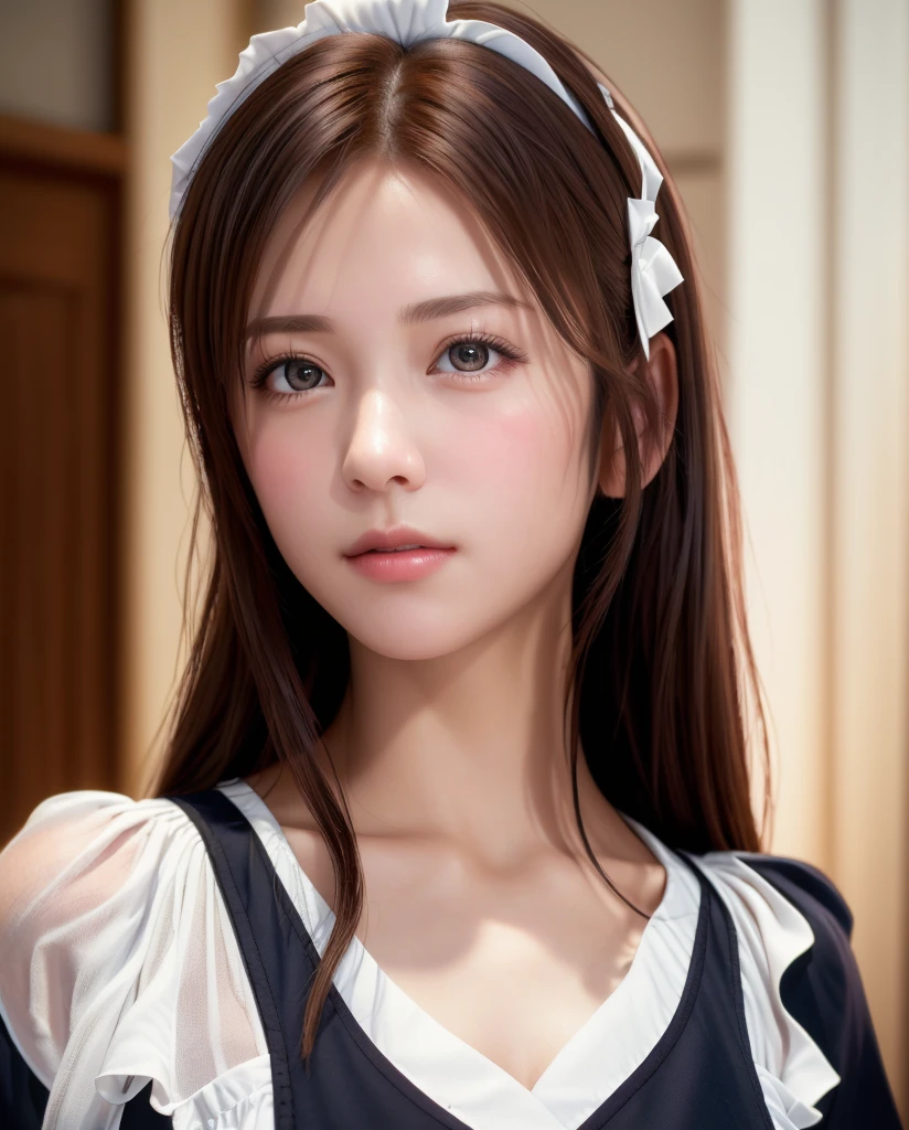 8K, of the highest quality, masutepiece:1.2), (Realistic, Photorealsitic:1.37), of the highest quality, masutepiece, Beautiful young woman, Pensive expression,、A charming、and an inviting look, Cute Maid Clothes, Hair tied back, Cinematic background, Light skin tone