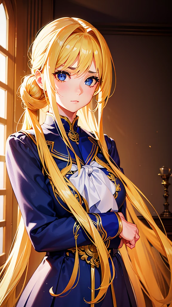 a beautiful young girl with long golden hair tied back, wearing a school uniform, with a shy and bashful expression, extremely detailed, hyper realistic, 8k, 4k, best quality, masterpiece, high resolution, photorealistic, cinematic lighting, vibrant colors, ornate, elegant, gorgeous, stunning, breathtaking, feminine, graceful, beautiful detailed eyes, beautiful detailed lips, extremely detailed eyes and face, long eyelashes, intricate details, high quality, amazing detail, dramatic, heroic, powerful, imposing, sweeping, majestic, epic, grand, magnificent, awe-inspiring