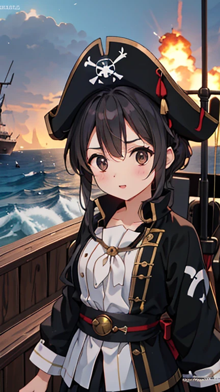 pirate ship,Lots of pirates, cannon, war, (海賊war:1.5),Girl dressed as a pirate, One girl,Black Hair,pirate ship,Lots of pirates, cannon, war, 超High resolution, retina, masterpiece, Accurate, Anatomically correct, Textured skin, Super Detail, Attention to detail, high quality, 最high quality, High resolution, 4K