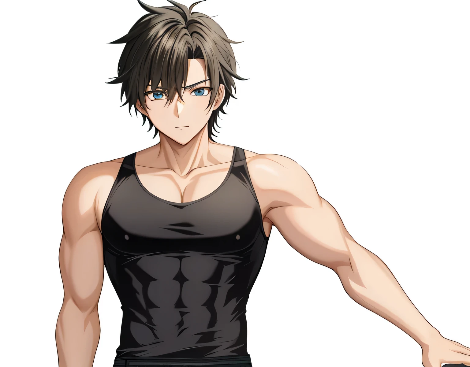 足を組んで床に座っているレッドの髪のAnime Boys, Anime Boys, Anime Styleキャラクター, clothing:Black Tank Top, boy wearing denim shorts, Anime Styleで, Anime Style, Anime Style, Muscular man, Knight of Zodiac Boy, In anime style, Masculine and muscular, Skin tight tank top, Bare Arms, Bare shoulders,