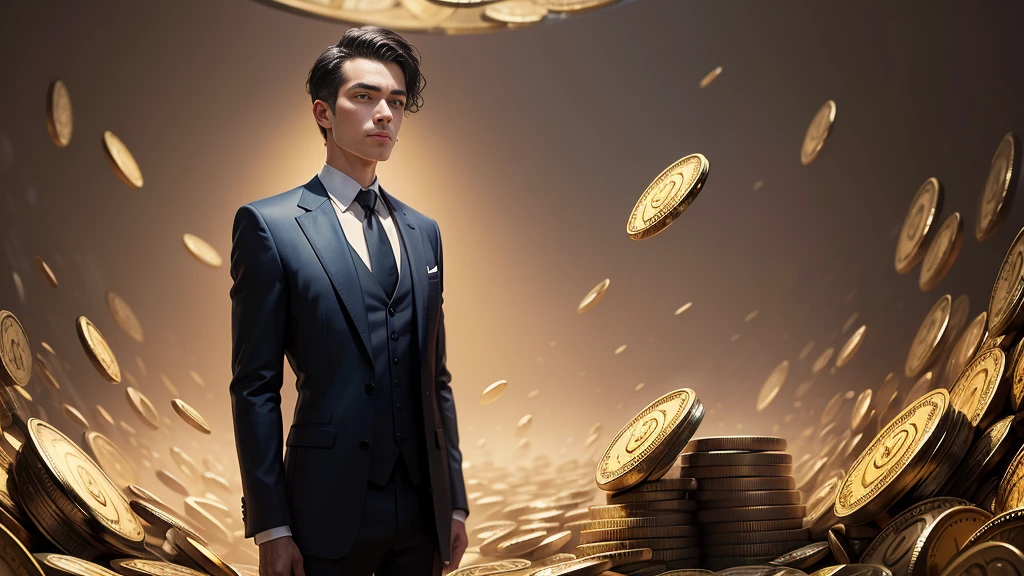 A detailed painting of a stranger in a suit, surrounded by bitcoins and dollars