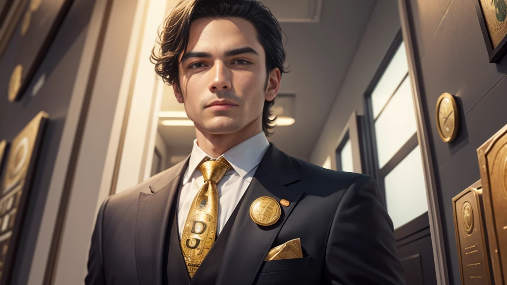 A detailed painting of a stranger in a suit, surrounded by bitcoins and dollars