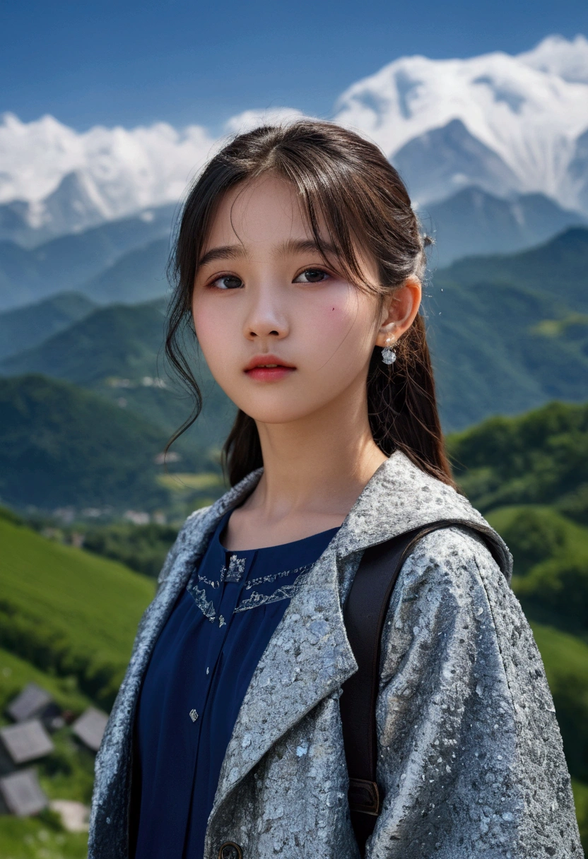 8k、RAW Photos、High-detail images、Realistic texture、Meteorites Raining、The Alps、A beautiful 16-year-old girl dressed up、Captivating pose