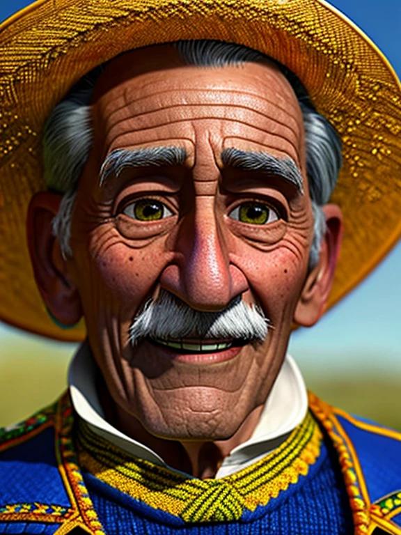 Pixarstyle A waist-high portrait of an elderly man Mexican, smile, natural skin texture, 4K textures, HDR, intricate, highly detailed, sharp focus, cinematic look, hyper-detailed