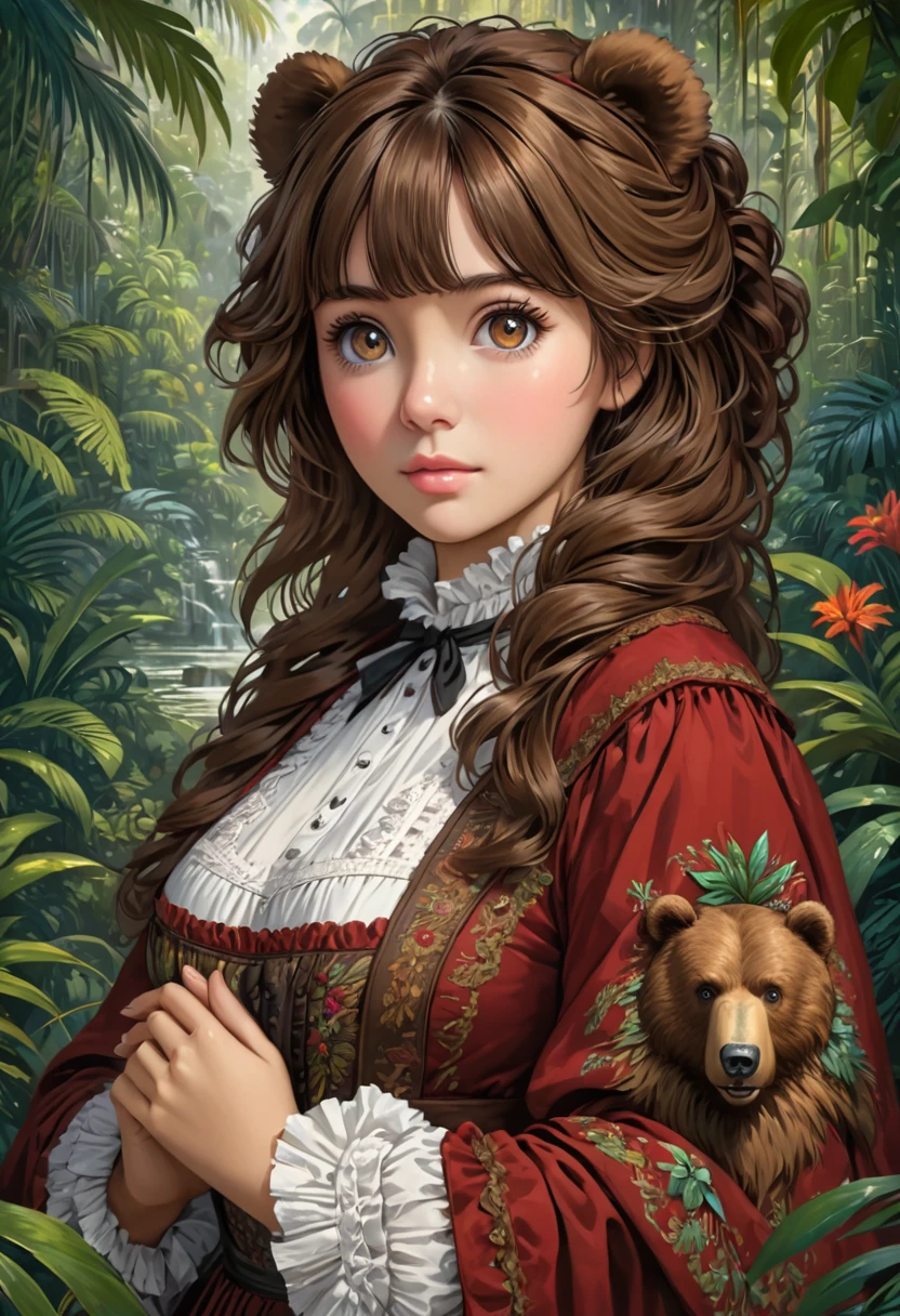 female bear mid transformation, solo, masterpiece, best art, victorian dress. detailed hands, detailed eyes, detailed torso, jungle, expression, transformation, human face, brown shaggy hair.