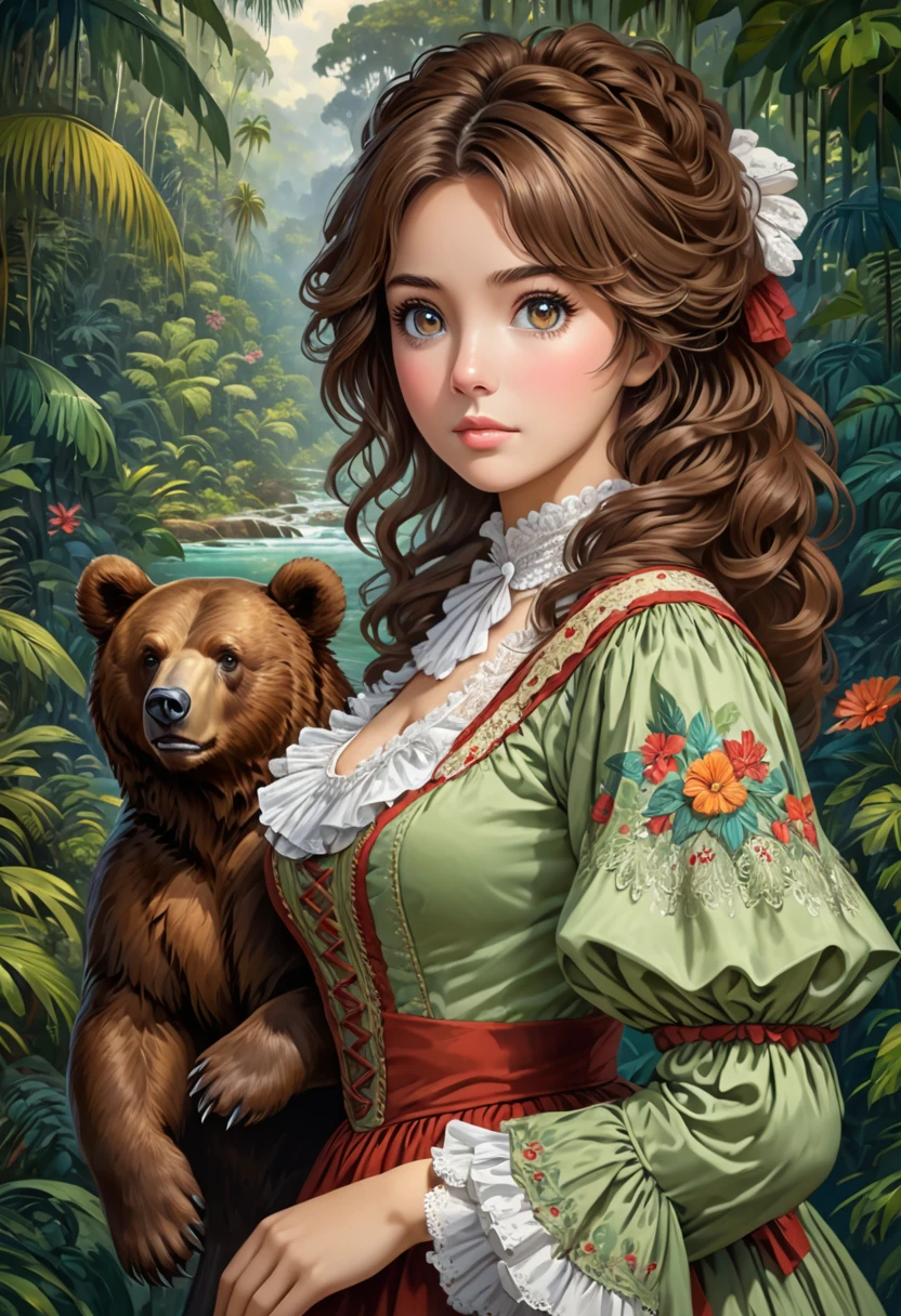 female bear mid transformation, solo, masterpiece, best art, victorian dress. detailed hands, detailed eyes, detailed torso, jungle, expression, transformation, human face, brown shaggy hair.

