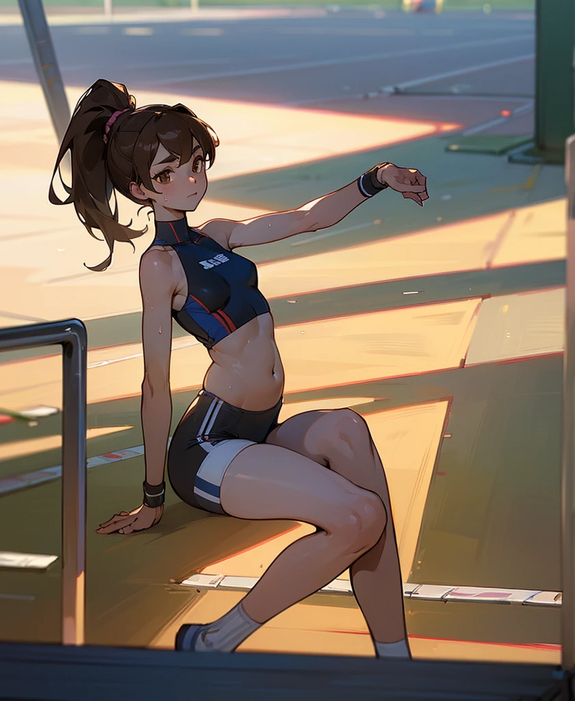 ((Masterpiece)), ((Best Quality)),Ultra High Resolution, Caustics, Detailed, Beautiful Detailed Eyes, solo, (athletics stadium, track and field athlete),20 year old beauty、( separate, bloomers ,show off belly),slender body, ideal ratio body proportions,sweat,medium breasts,brown eyes, (ponytail)、medium hair,brown hair,shy look、squatting,
